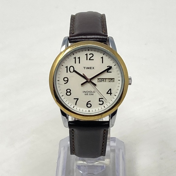 Timex Easy Reader Watch Men 35mm Gold Silver Tone Day Date Indiglo New Battery - Picture 3 of 16